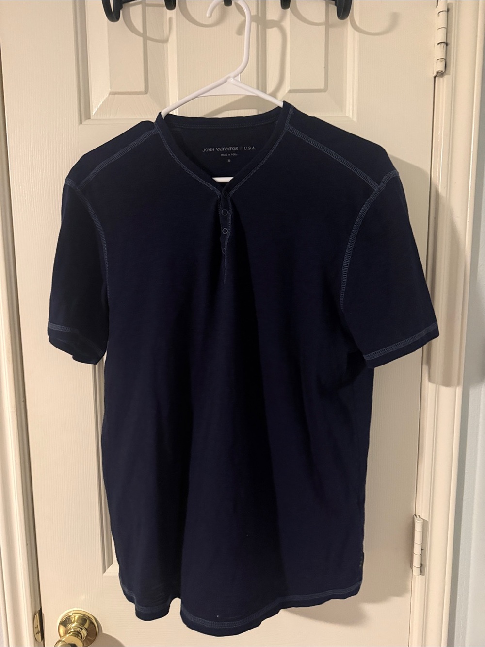 John Varvatos Navy Blue Short-Sleeve Henley with Contrast Stitching